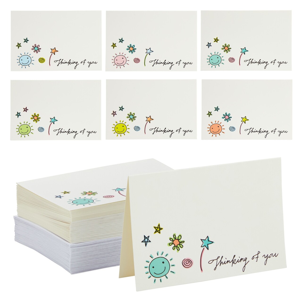 36 Pack Blank Thinking of You Cards Assortment Box with Envelopes, 6 Doodle Designs (4 x 6 In)